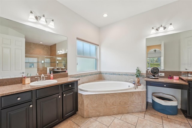 full bathroom with vanity, tile patterned flooring, a shower stall, and a bath