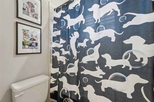 bathroom with toilet and a shower with shower curtain