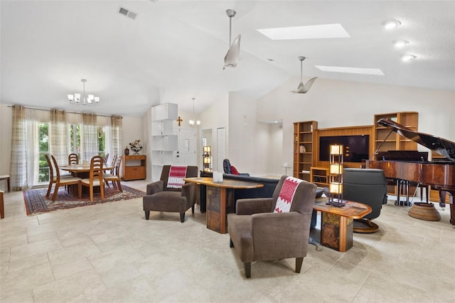 6407 E 112th Ave, Temple Terrace, FL 33617 - living room with a chandelier, a skylight, and high vaulted ceiling