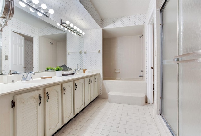 14820 Rue De Bayonne Unit 208, Clearwater, FL 33762 - bathroom with wallpapered walls, a sink, tile patterned floors, and a shower stall