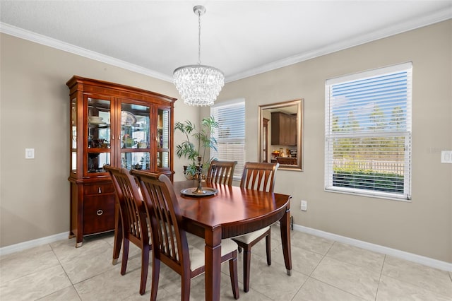 dining space with crown molding, light tile patterned flooring, baseboards, and a notable chandelier