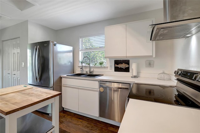 13974 75th Ave, Seminole, FL 33776 - kitchen featuring appliances with stainless steel finishes, a sink, extractor fan, wooden counters, and dark wood-style flooring