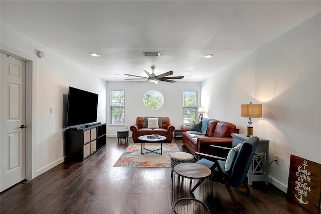 13974 75th Ave, Seminole, FL 33776 - living area featuring dark wood finished floors, baseboards, recessed lighting, and a ceiling fan