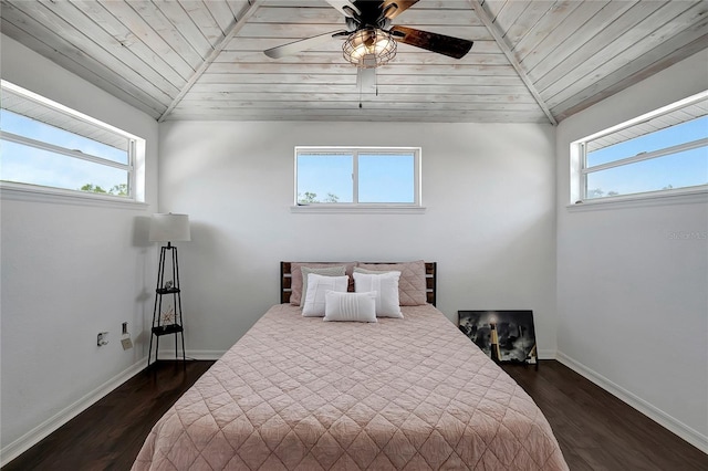 13974 75th Ave, Seminole, FL 33776 - bedroom with wooden ceiling, dark wood-type flooring, baseboards, lofted ceiling, and ceiling fan
