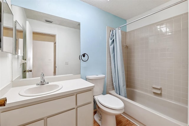 full bathroom with shower / bath combination with curtain, vanity, toilet, and wood finished floors