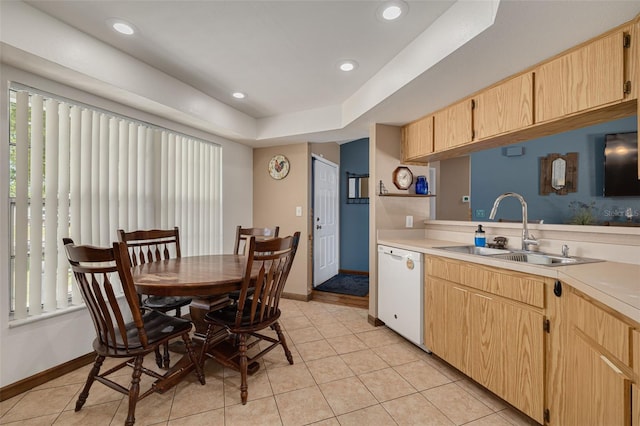 2153 Catalina Dr N, Clearwater, FL 33763 - kitchen with dishwasher, a sink, light countertops, light brown cabinetry, and recessed lighting