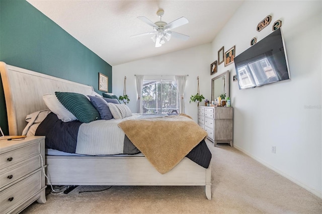 18013 Palm Breeze Dr, Tampa, FL 33647 - bedroom with light carpet, access to exterior, a ceiling fan, baseboards, and lofted ceiling
