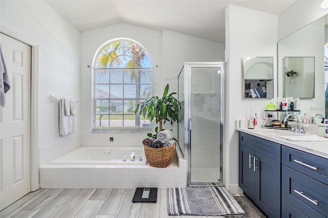 18013 Palm Breeze Dr, Tampa, FL 33647 - full bathroom featuring a healthy amount of sunlight, vanity, vaulted ceiling, and a stall shower