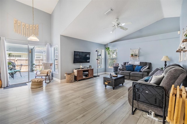18013 Palm Breeze Dr, Tampa, FL 33647 - living area with high vaulted ceiling, ceiling fan, light wood finished floors, and visible vents
