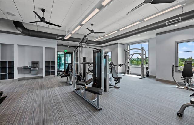 workout area featuring a healthy amount of sunlight, carpet floors, baseboards, and visible vents