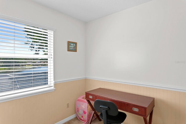 unfurnished office with wooden walls, baseboards, and wainscoting