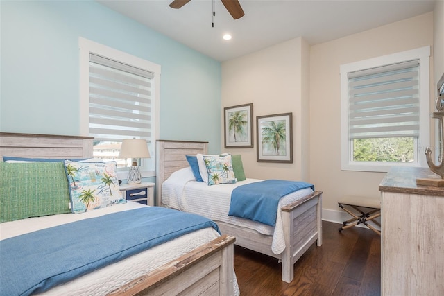 265 Causeway Blvd Unit 7, Dunedin, FL 34698 - bedroom featuring dark wood-type flooring, baseboards, recessed lighting, and a ceiling fan