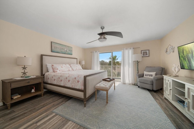 bedroom featuring access to outside, ceiling fan, and wood finished floors