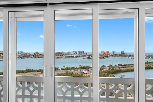 interior space with a city view
