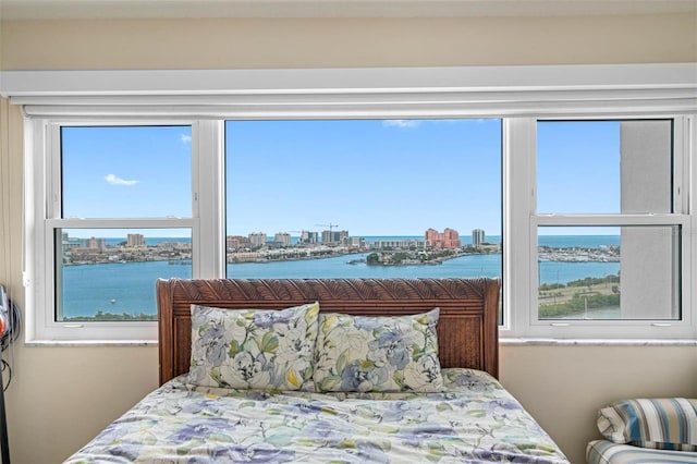 bedroom featuring a view of city, a water view, and multiple windows