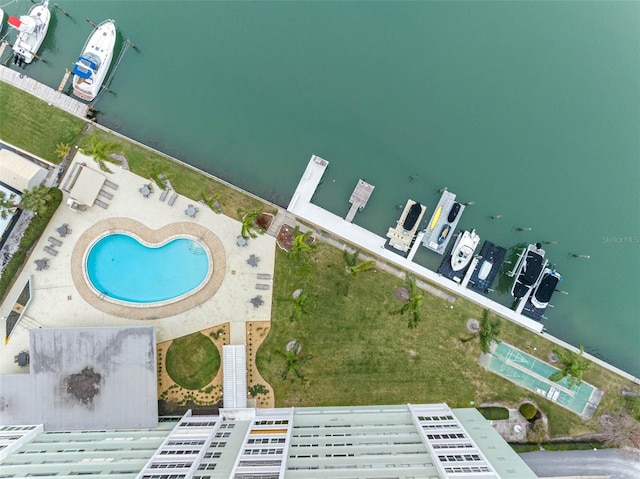 drone / aerial view featuring a water view