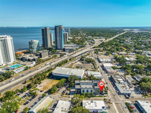 bird's eye view with a water view and a city view
