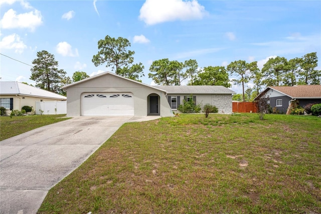 3353 Montano Ave, Spring Hill, FL 34609 - ranch-style home with fence, an attached garage, driveway, stucco siding, and a front yard