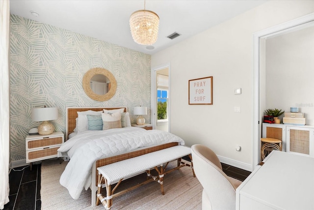 885 Seaview Cir Unit 20, Crystal Beach, FL 34681 - bedroom with wallpapered walls, baseboards, and a chandelier