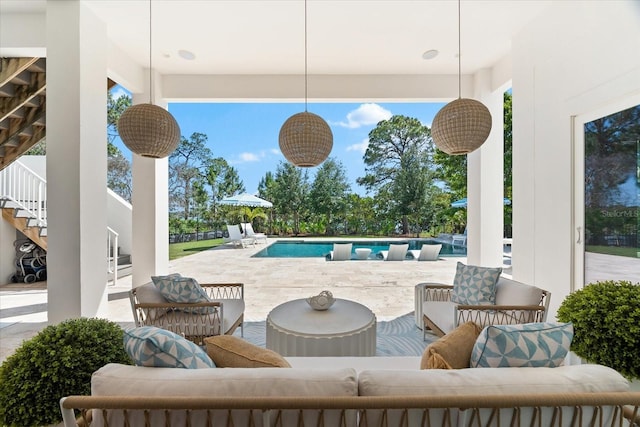 885 Seaview Cir Unit 20, Crystal Beach, FL 34681 - view of patio / terrace featuring stairs, an outdoor pool, and outdoor lounge area