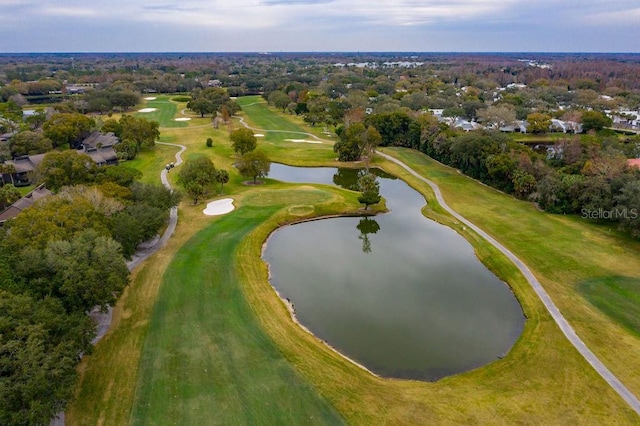 aerial view featuring a water view and golf course view