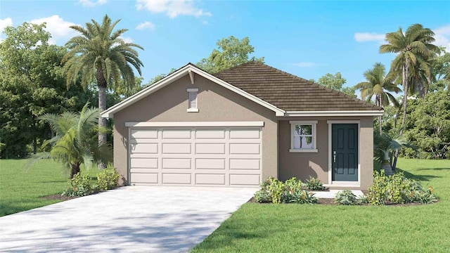 view of front of property with a garage, a front lawn, stucco siding, and driveway