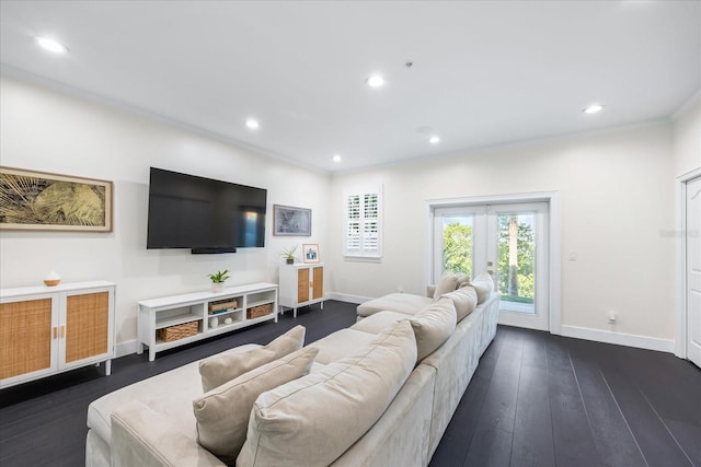 1476 Harbour Walk Rd, Tampa, FL 33602 - living room with baseboards, recessed lighting, dark wood-style flooring, french doors, and ornamental molding