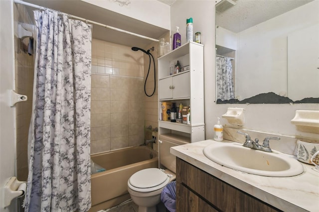 bathroom featuring shower / bath combo with shower curtain, visible vents, toilet, and vanity