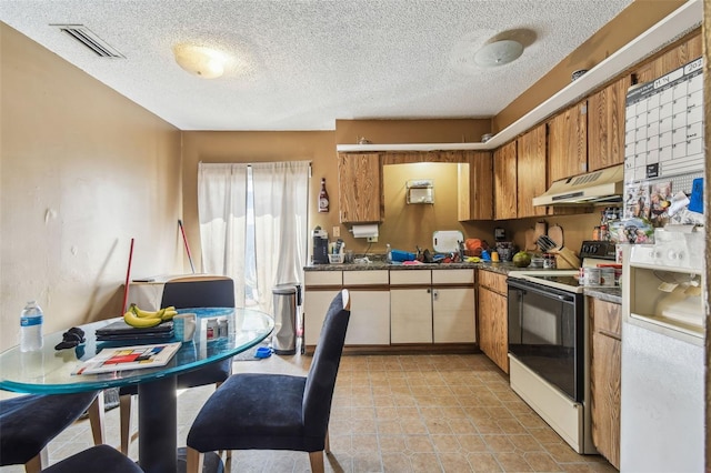 kitchen with electric range, a sink, a textured ceiling, under cabinet range hood, and visible vents