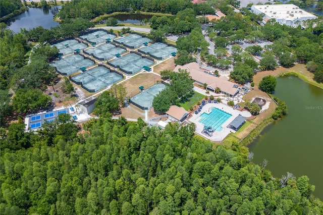 drone / aerial view with a water view