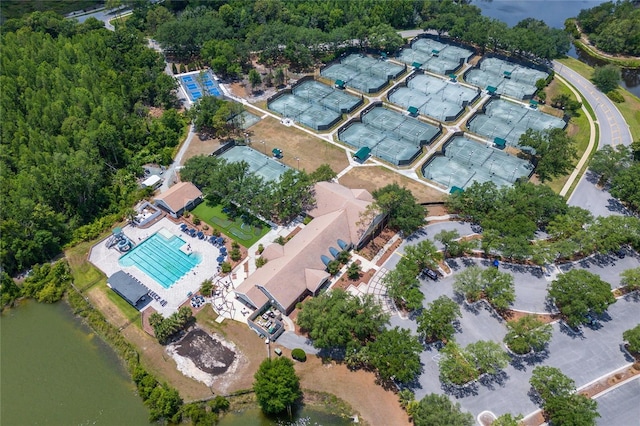 drone / aerial view with a water view
