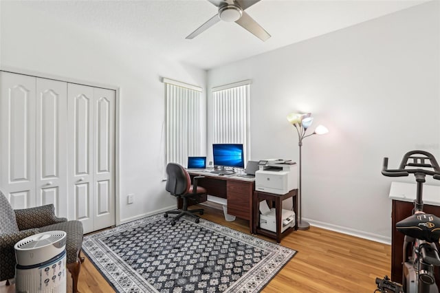 19129 Lake Audubon Dr, Tampa, FL 33647 - home office featuring baseboards, a ceiling fan, and light wood finished floors
