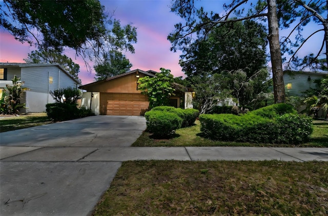 view of property hidden behind natural elements with driveway and a garage