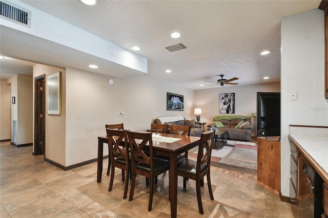 dining room featuring a ceiling fan, recessed lighting, baseboards, and visible vents