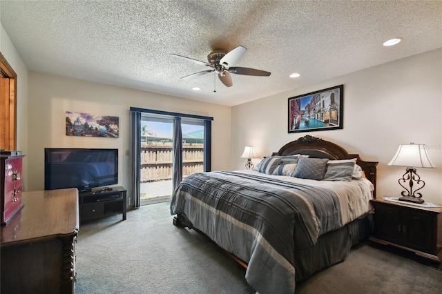 bedroom featuring ceiling fan, recessed lighting, carpet, and access to exterior