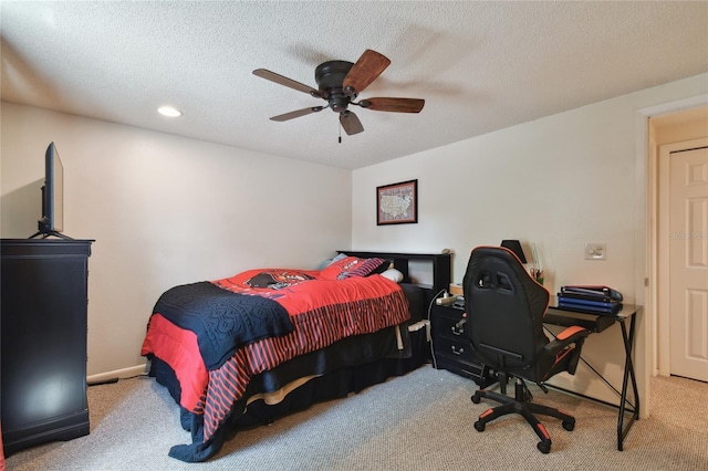 bedroom featuring recessed lighting, a textured ceiling, baseboards, ceiling fan, and carpet floors
