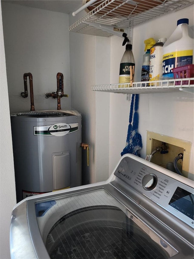 washroom with washer / clothes dryer, laundry area, and water heater