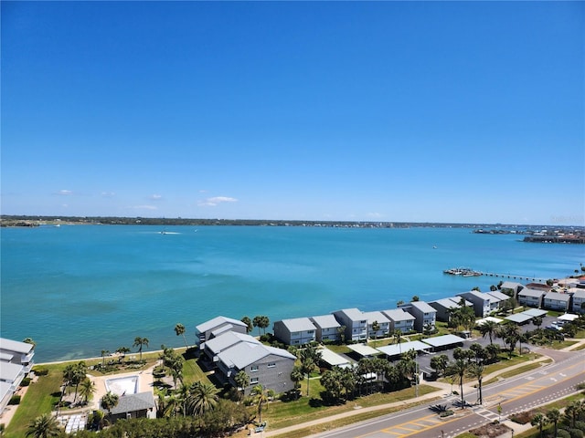 drone / aerial view featuring a water view