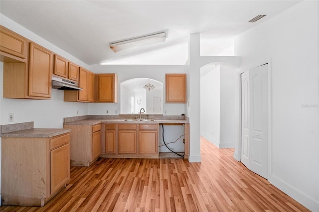 kitchen featuring a sink, visible vents, under cabinet range hood, light wood-style flooring, and arched walkways