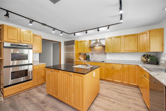833 Lakeside Ter, Palm Harbor, FL 34683 - kitchen with wall chimney range hood, appliances with stainless steel finishes, a sink, and light wood-style flooring