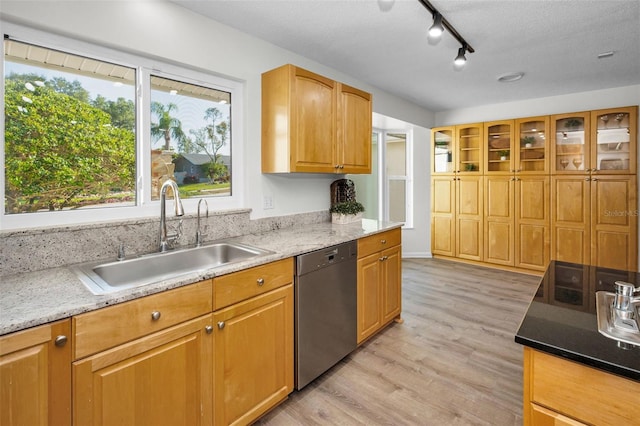 833 Lakeside Ter, Palm Harbor, FL 34683 - kitchen with stainless steel dishwasher, track lighting, light stone countertops, a sink, and light wood finished floors