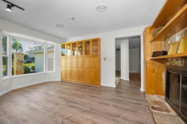 833 Lakeside Ter, Palm Harbor, FL 34683 - unfurnished living room with baseboards, a glass covered fireplace, and light wood finished floors