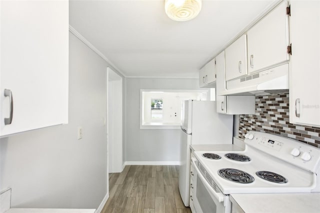 kitchen with backsplash, light countertops, white range with electric cooktop, and under cabinet range hood