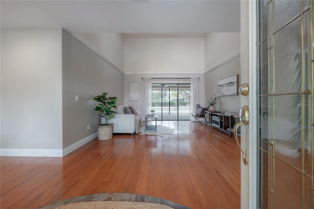 entryway with baseboards, a high ceiling, and wood finished floors