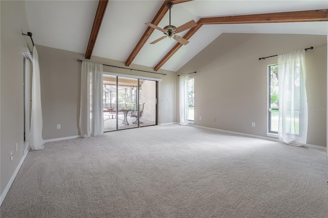 empty room with carpet flooring, high vaulted ceiling, a ceiling fan, baseboards, and beamed ceiling