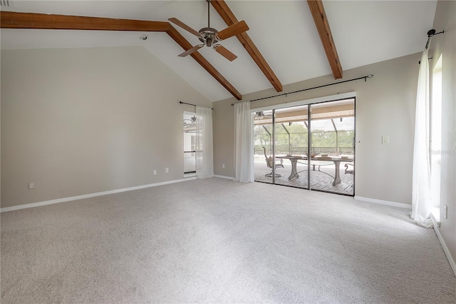 carpeted empty room with high vaulted ceiling, baseboards, a ceiling fan, and beam ceiling