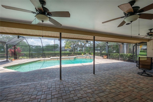 outdoor pool featuring a lanai, a patio, and a ceiling fan