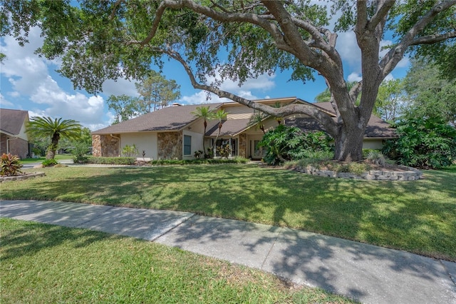 ranch-style house with a front yard, stone siding, and stucco siding