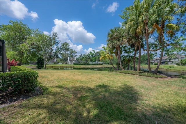 view of yard with a water view