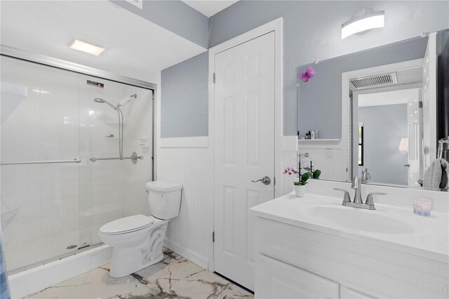 full bath featuring vanity, toilet, marble finish floor, a shower stall, and visible vents